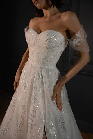 Lace Wedding Dress Jackopa with Leg Slit - Olivia Bottega