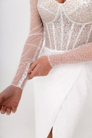 Sparkly Midi Wedding Dress Gemma with Long Sleeves - Olivia Bottega