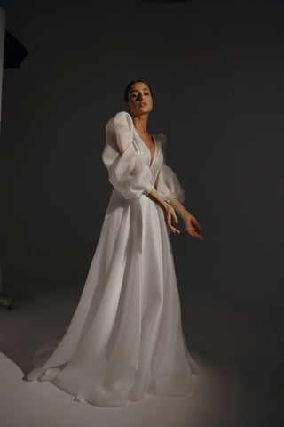 Organza Cinderella Wedding Dress April with Puff Sleeves - Olivia Bottega