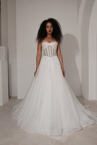 Sparkly Wedding Dress Hennie with Detachable Sleeves-Bow - Olivia Bottega