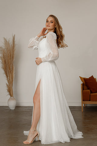 Sparkly Wedding Dress Inger With Leg Slit - Olivia Bottega