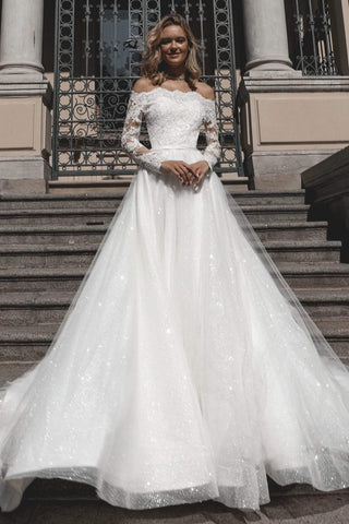 Lace off-the-shoulder Wedding Dress Olies with a Diamond Crust Skirt