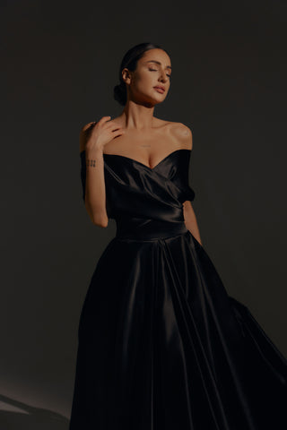 Black Satin Midi Dress Cameron - Olivia Bottega