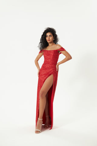 Red Glitter Mermaid Evening Dress Lovisa with Detachable Bow - Olivia Bottega