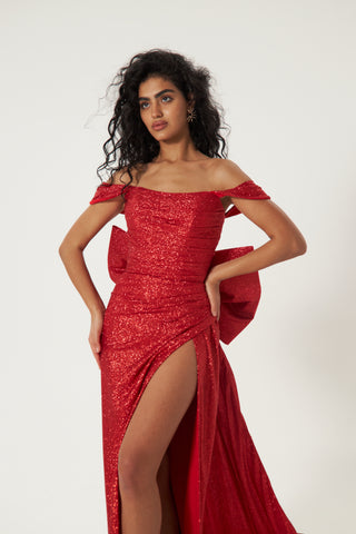 Red Glitter Mermaid Evening Dress Lovisa with Detachable Bow - Olivia Bottega