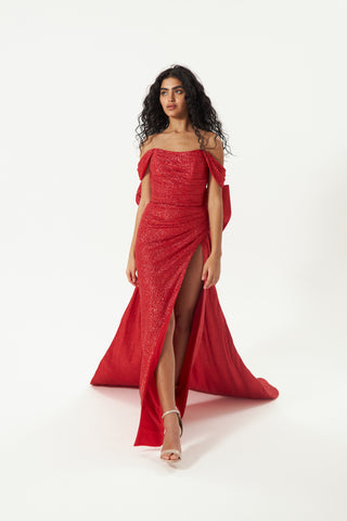 Red Glitter Mermaid Evening Dress Lovisa with Detachable Bow - Olivia Bottega