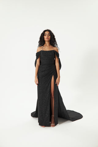 Black Glitter Mermaid Evening Dress Lovisa with Detachable Bow - Olivia Bottega